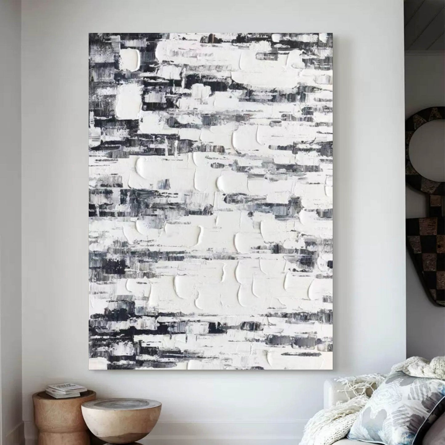 Textured Black and White Abstract Oil Painting for Modern Home Decor