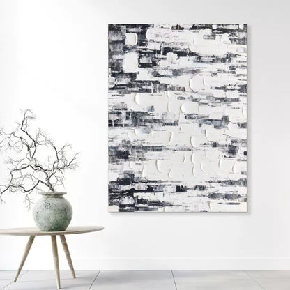 Textured Black and White Abstract Oil Painting for Modern Home Decor