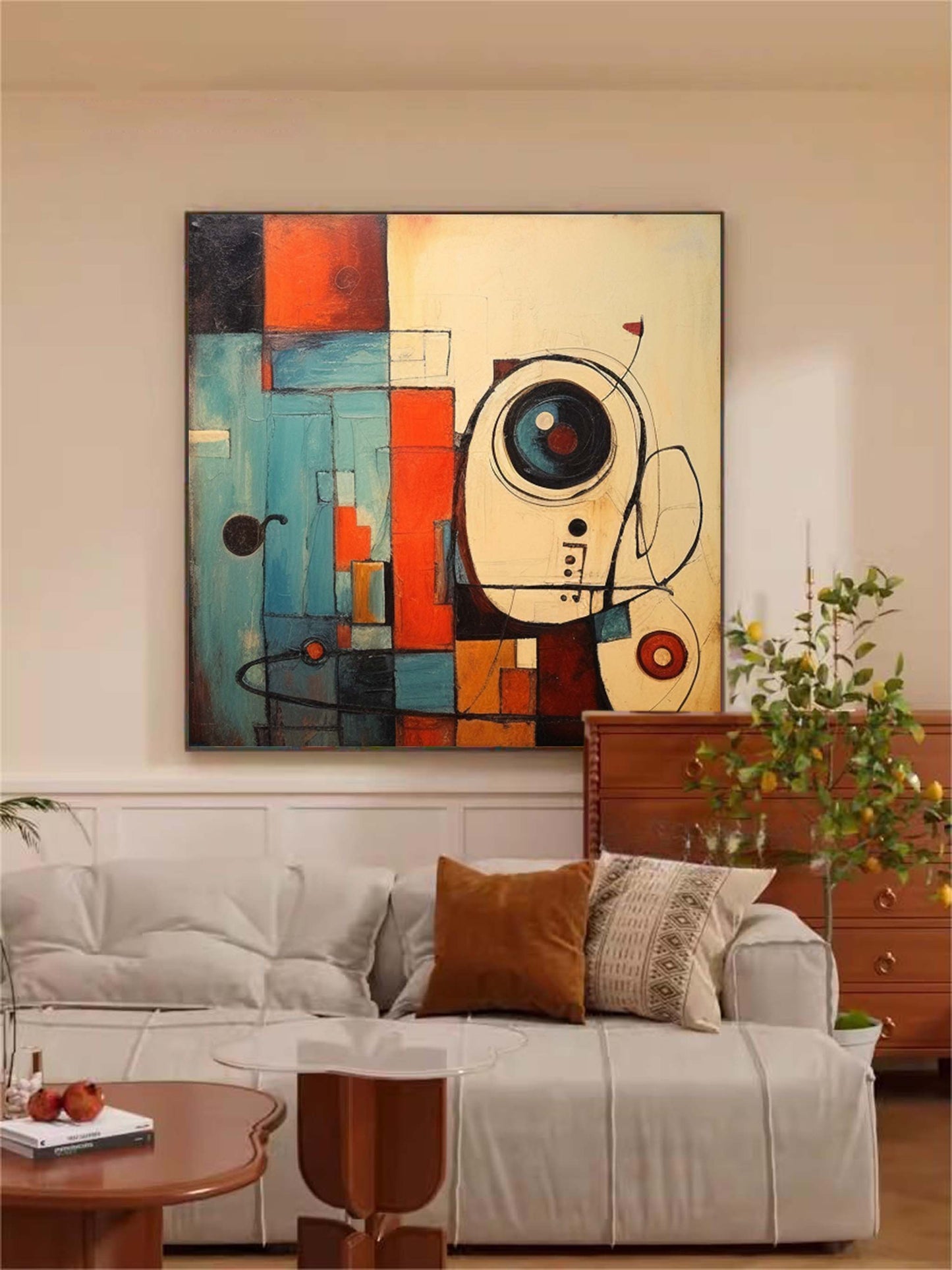 Vibrant Abstract Oil Painting with Geometric Shapes and Dynamic Colors for Home Decor