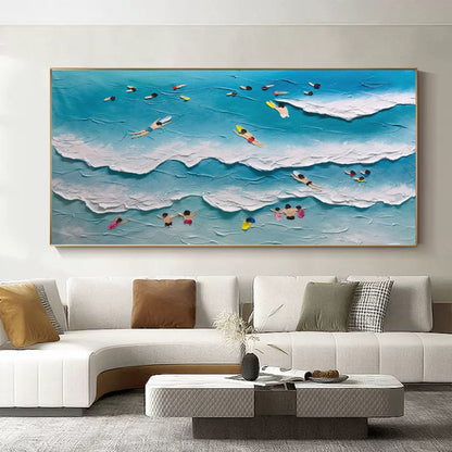 Vibrant Beach Scene Oil Painting with Textured Waves and Summer Fun