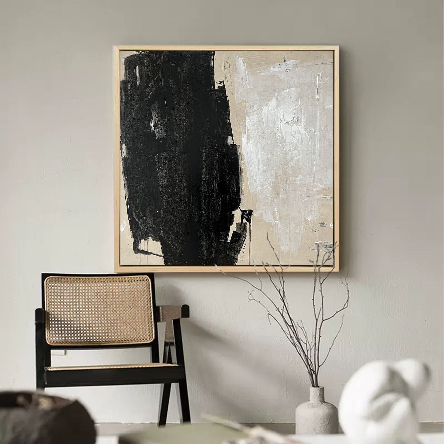 Contemporary Black and White Minimalist Abstract Oil Painting for Modern Decor