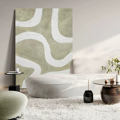 Modern Minimalist Line Art Painting with Abstract White Curves on Earthy Background