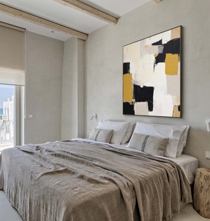 Contemporary Abstract Oil Painting with Black, White, and Gold Elements