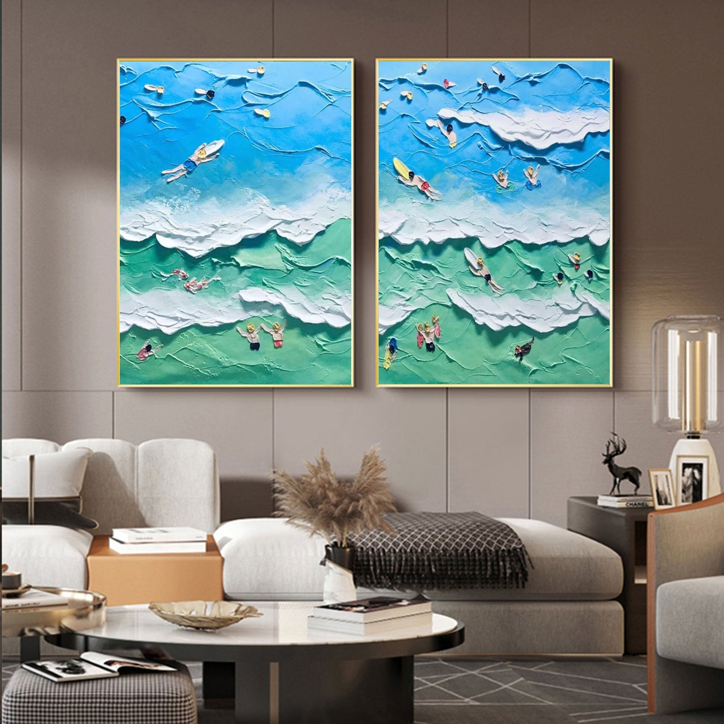 Vibrant Ocean Waves Abstract Oil Painting Duo for Coastal Decor