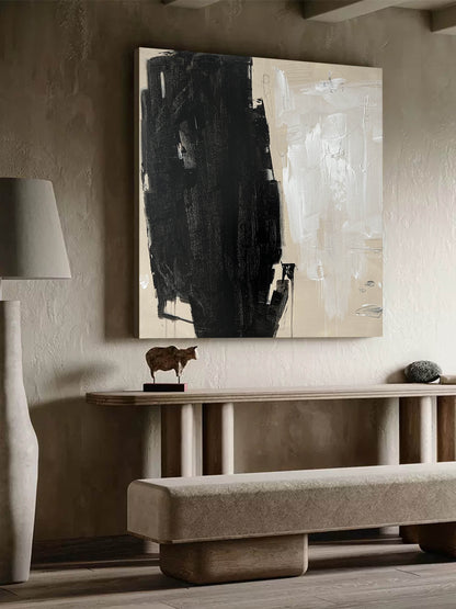 Contemporary Black and White Minimalist Abstract Oil Painting for Modern Decor