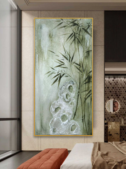 Serene Bamboo Oil Painting for Minimalist Home Decor and Wabi-Sabi Aesthetics