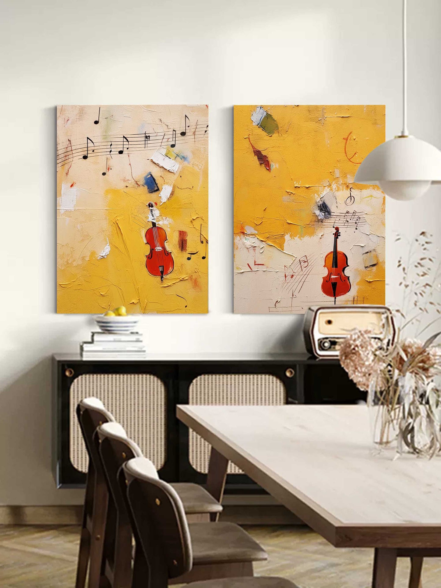 Vibrant Abstract Oil Painting with Violins and Musical Notes in Bright Yellow