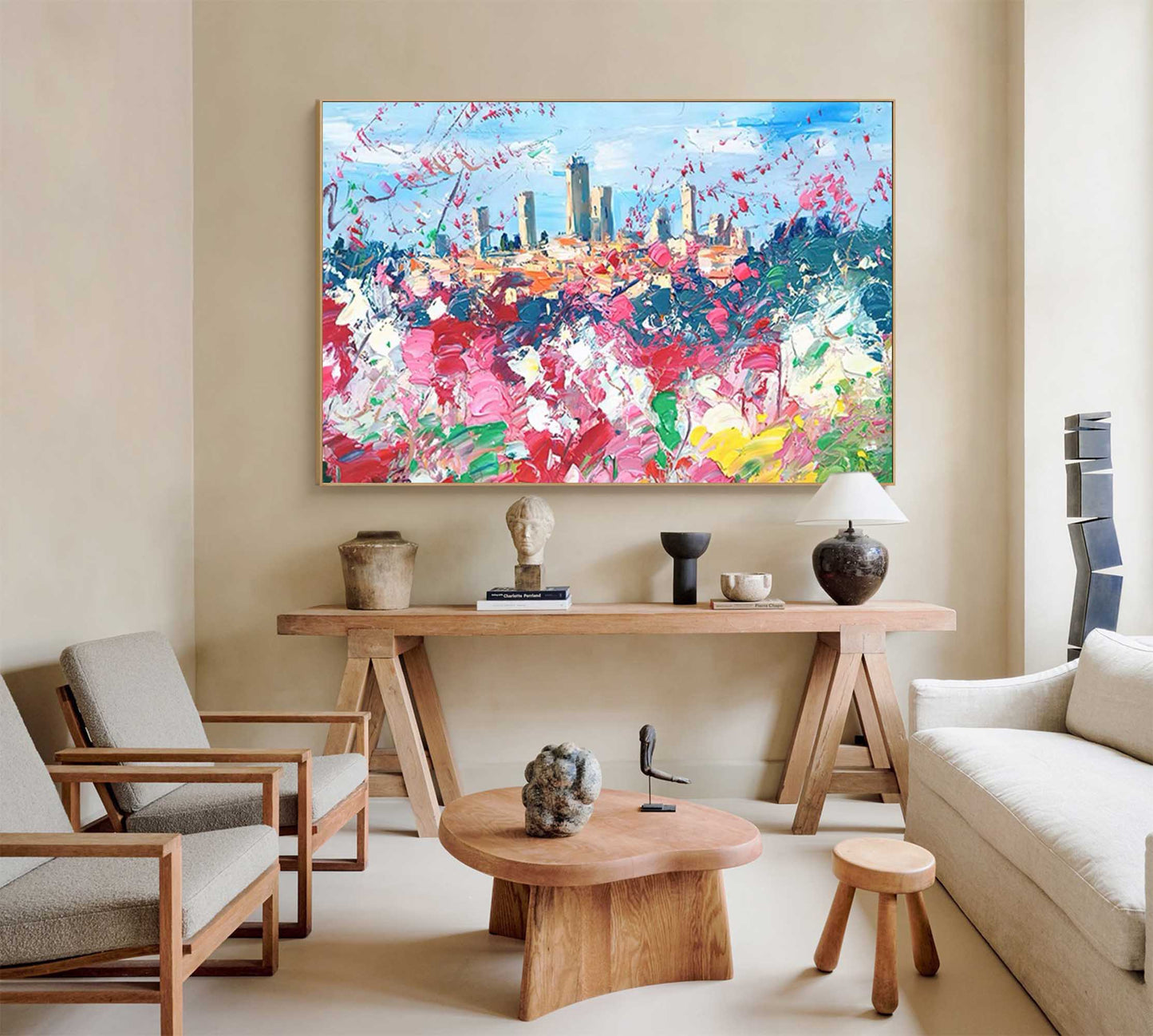 Vibrant Cityscape Oil Painting with Colorful Floral Foreground