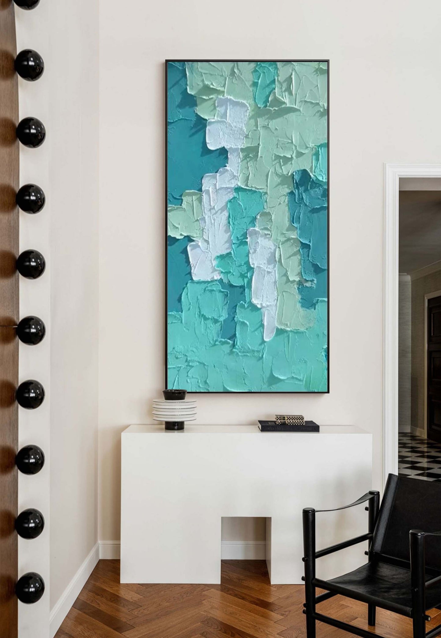 Vibrant Abstract Oil Painting in Teal and Green Textures for Modern Decor