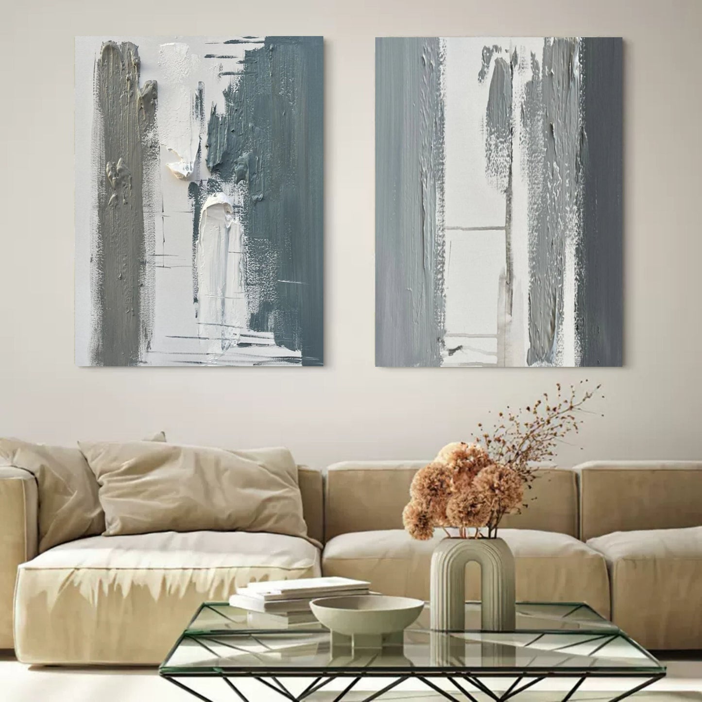 Contemporary Abstract Oil Paintings Pair for Modern Home Decor