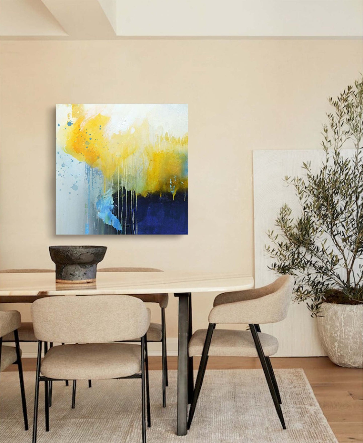 Vibrant Abstract Oil Painting with Yellow and Blue Splashes for Modern Home Decor