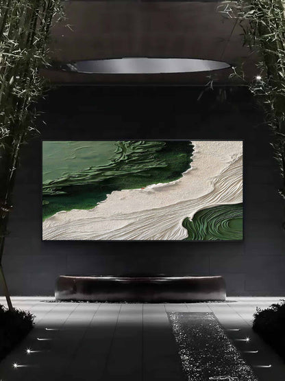 Textured Green and White Abstract Oil Painting for Modern Home Decor