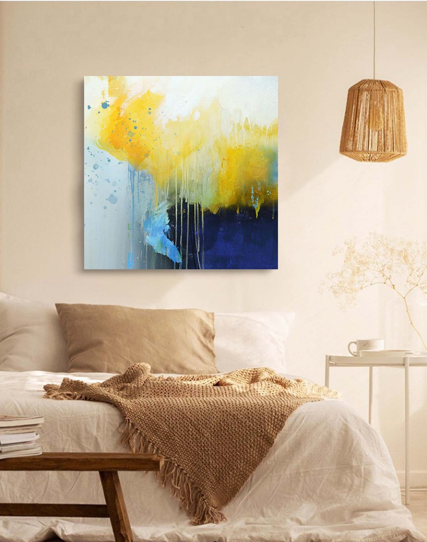 Vibrant Abstract Oil Painting with Yellow and Blue Splashes for Modern Home Decor