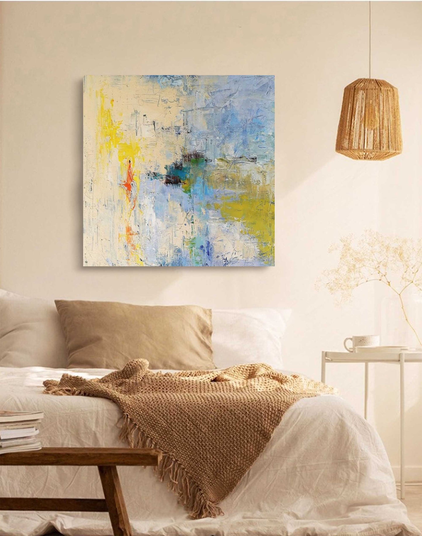 Vibrant Abstract Oil Painting in Blue and Yellow Tones for Modern Home Decor