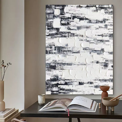 Textured Black and White Abstract Oil Painting for Modern Home Decor