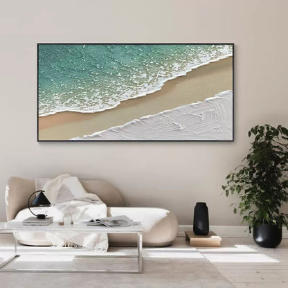 Serene Seaside Abstract Oil Painting with Textured Waves and Sandy Beach
