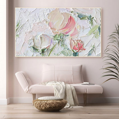 Textured Floral Oil Painting with Rose and Green Accents for Home Decor