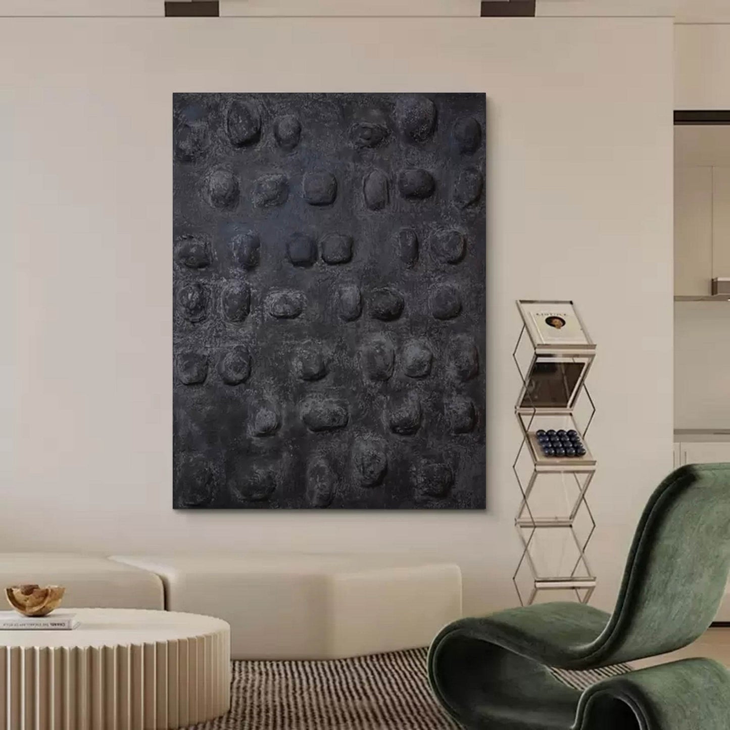 Textured Black Oil Painting for Modern Home Decor - Wabi-Sabi Inspired Art