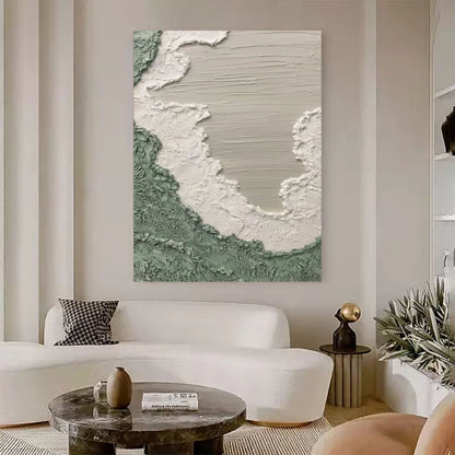 Serene Green and White Abstract Oil Painting for Modern Home Decor