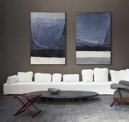 Contemporary Minimalist Oil Painting in Soothing Blue and Gray Tones
