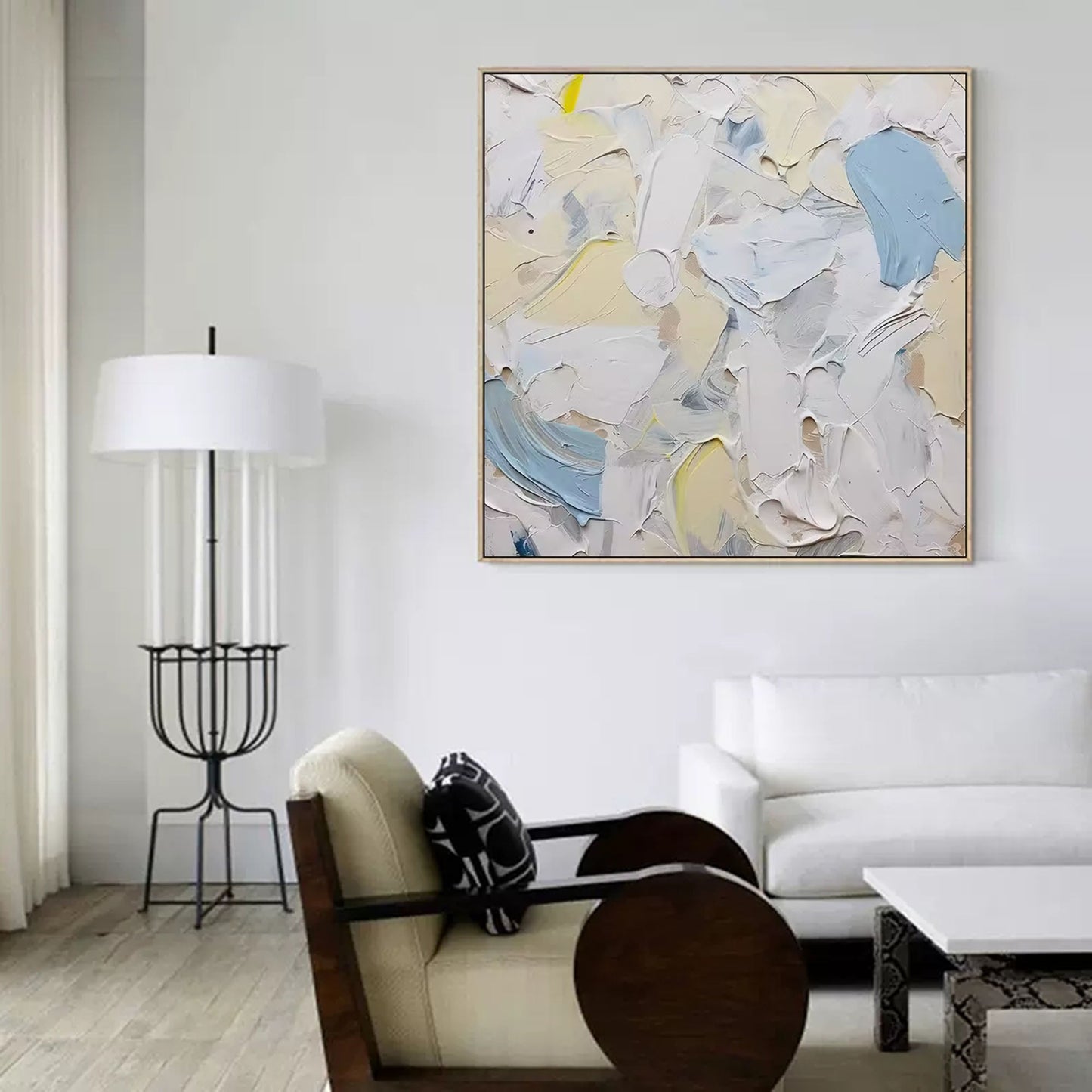 Tranquil Abstract Oil Painting in Soft Blue and Cream Shades for Modern Decor