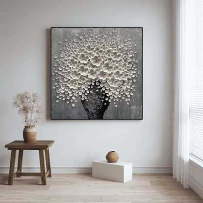 Elegant White Floral Bouquet in Black Vase - Textured Oil Painting for Home Decor