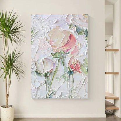Textured Floral Oil Painting with Soft Pastels and Elegant Plaster Finish