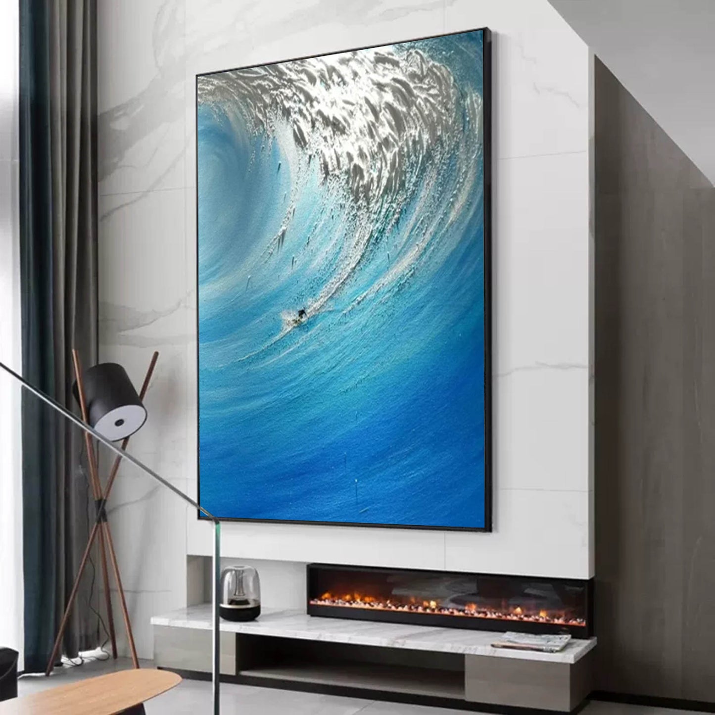 Dynamic Ocean Wave Oil Painting in Vibrant Blues and Silver Hues