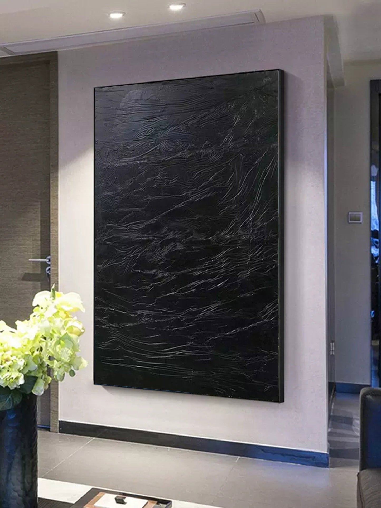 Abstract Black Textured Oil Painting for Modern Home Decor