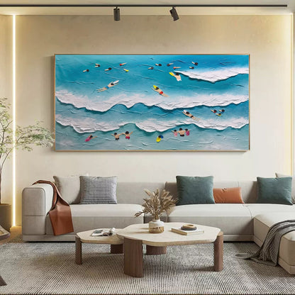 Vibrant Beach Scene Oil Painting with Textured Waves and Summer Fun
