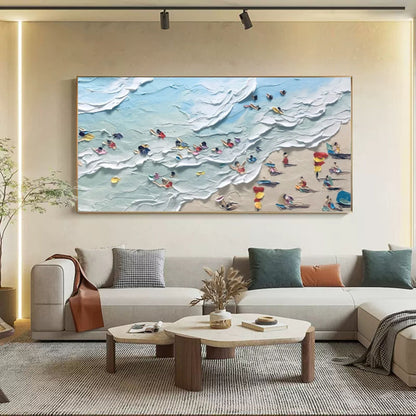 Coastal Bliss: Textured Oil Painting of Beach Scene with People and Ocean Waves