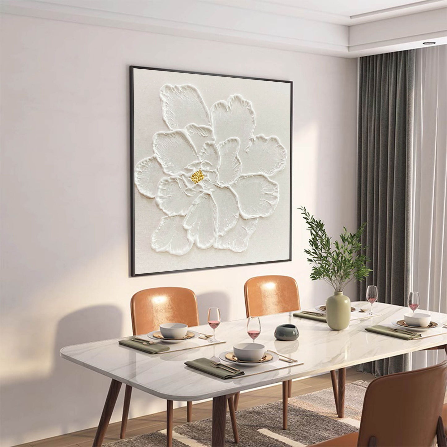Elegant White Flower Oil Painting for Minimalist Home Decor and Modern Aesthetics