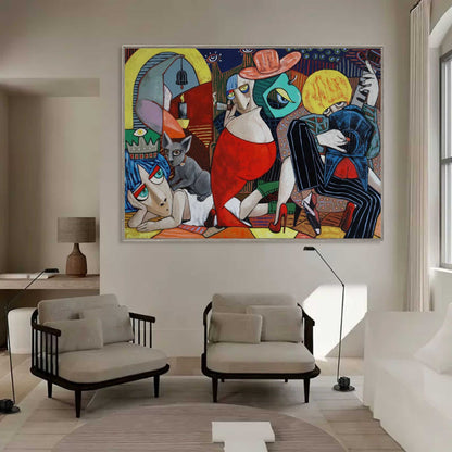 Vibrant Pop Art Oil Painting of Abstract Characters and Animals in Bold Colors