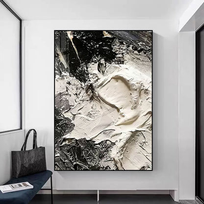 Abstract Black and White Oil Painting with Textured Plaster Finish