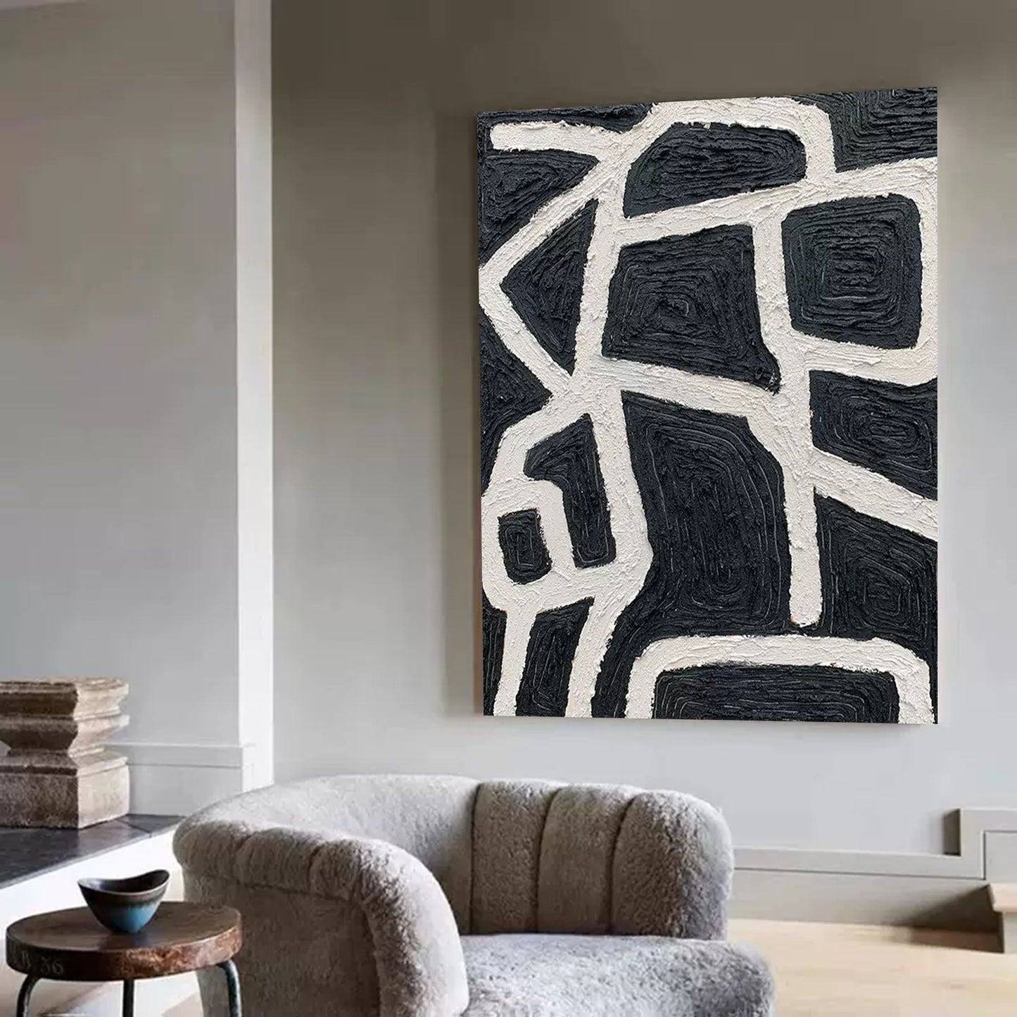 Abstract Minimalist Black and White Line Art Oil Painting for Modern Decor