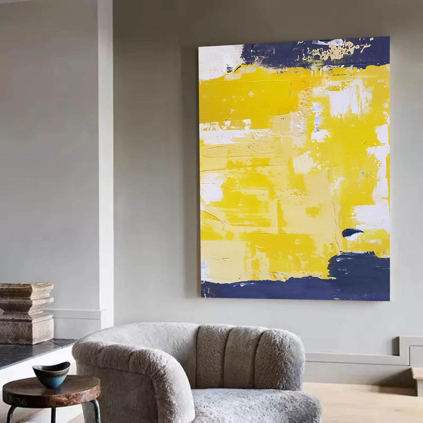 Vibrant Abstract Yellow and Navy Oil Painting for Modern Home Decor