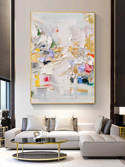 Vibrant Abstract Oil Painting with Gold Accents for Modern Decor