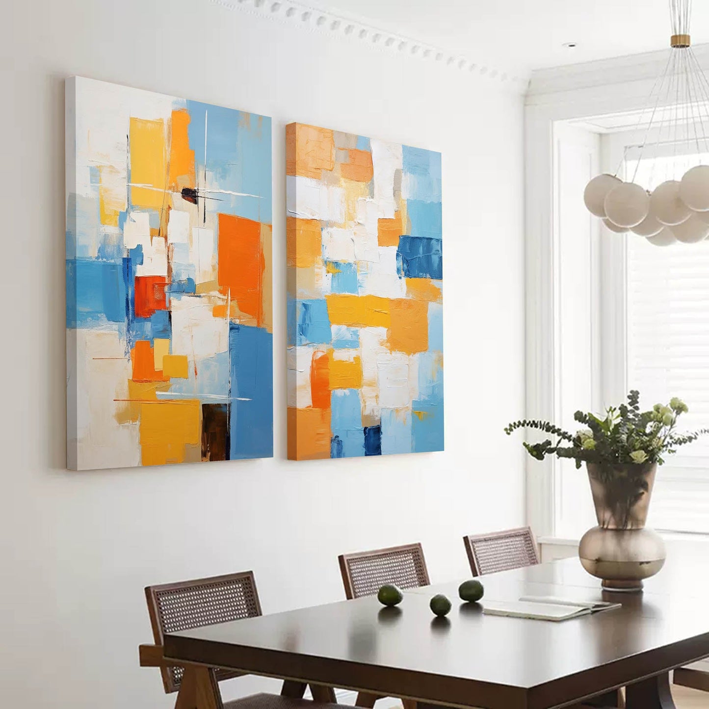 Vibrant Abstract Oil Painting with Blue and Orange Geometric Shapes for Modern Decor