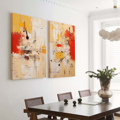 Vibrant Abstract Oil Painting Duo with Red and Yellow Accents for Modern Decor