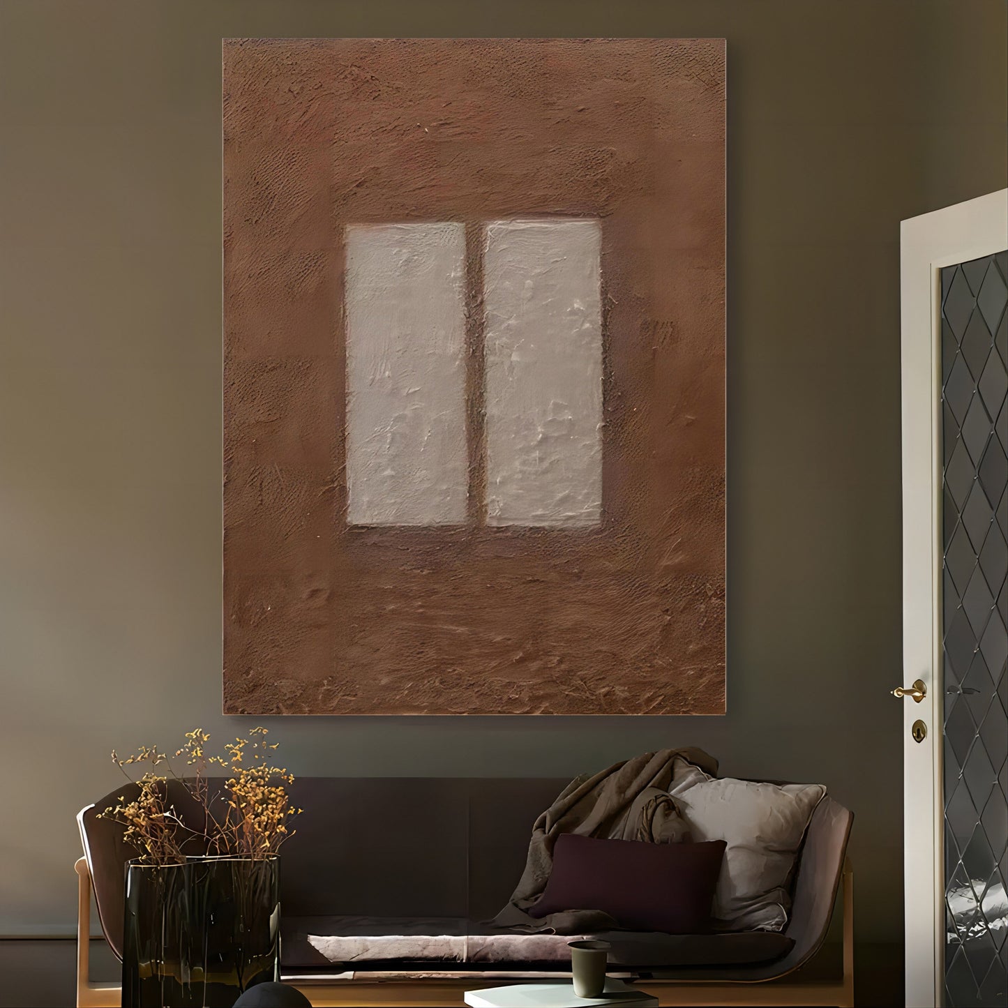 Abstract Oil Painting of Window Reflection in Earthy Tones for Modern Home Decor