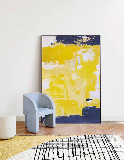 Vibrant Abstract Yellow and Navy Oil Painting for Modern Home Decor