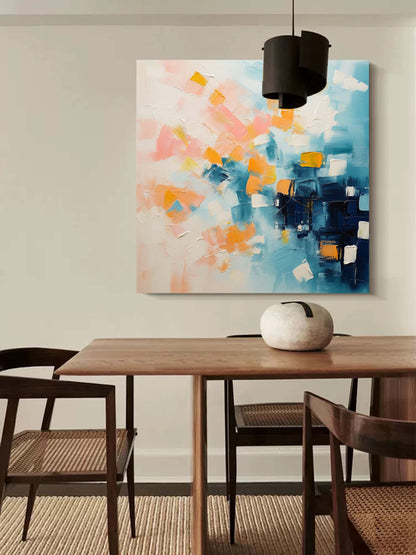 Vibrant Abstract Oil Painting with Blue, Pink, and Orange Hues for Contemporary Decor