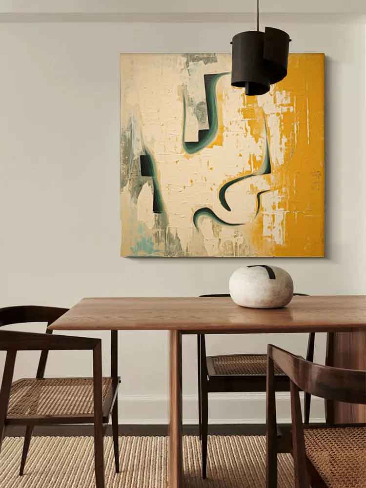 Abstract Minimalist Oil Painting with Yellow and Green Accents for Modern Spaces