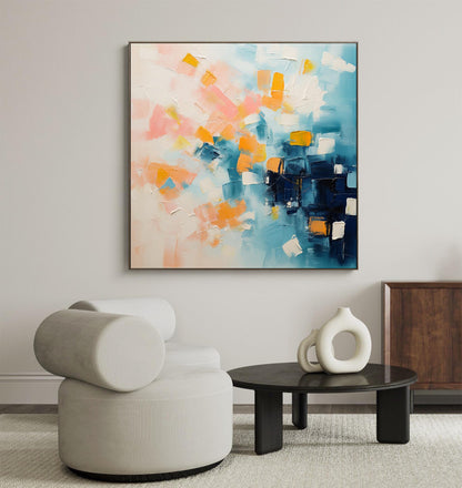 Vibrant Abstract Oil Painting with Blue, Pink, and Orange Hues for Contemporary Decor