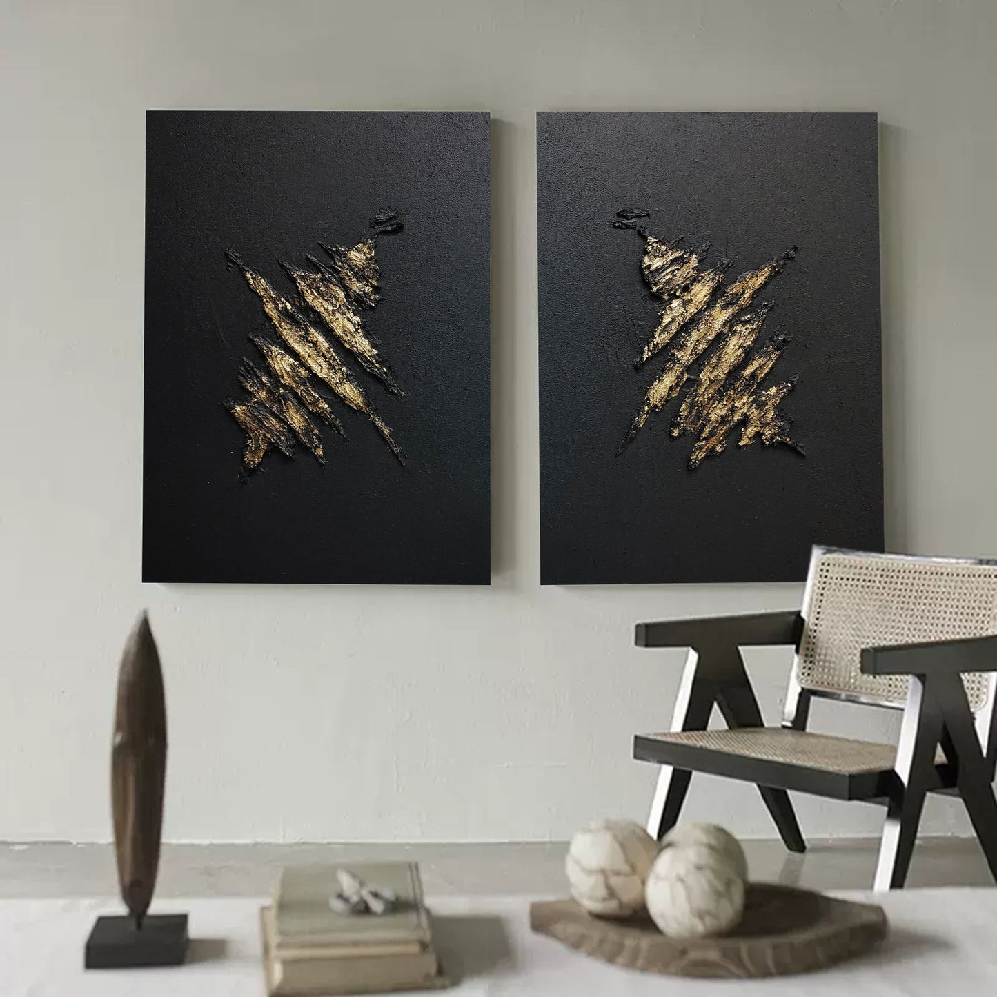 Elegant Black and Gold Minimalist Abstract Oil Painting for Modern Decor