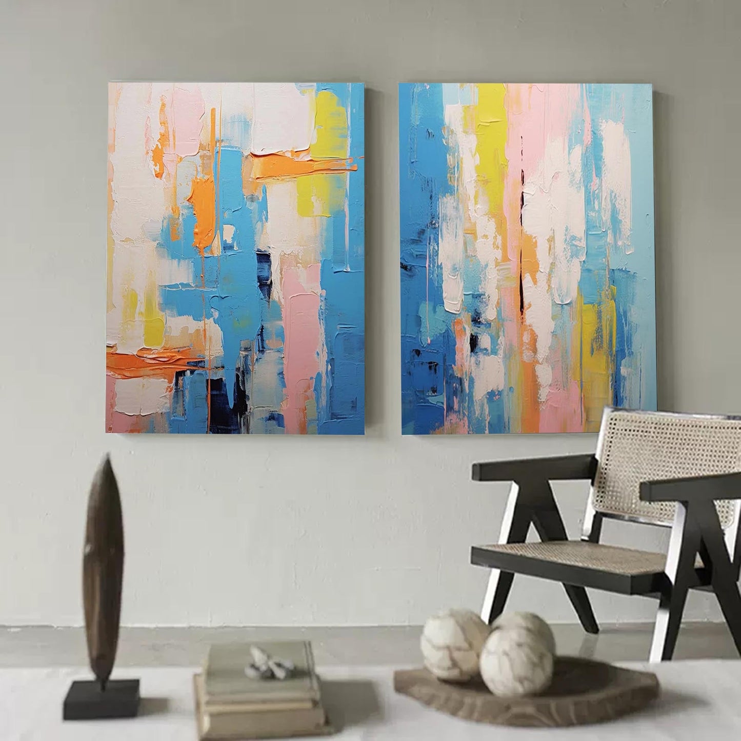 Vibrant Abstract Oil Painting Set in Blue, Pink, and Yellow for Modern Home Decor