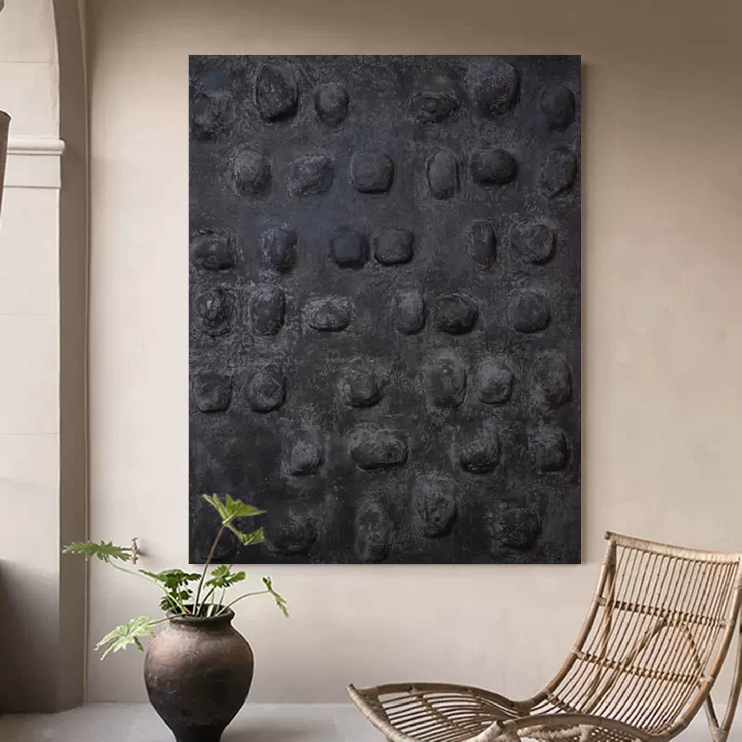 Textured Black Oil Painting for Modern Home Decor - Wabi-Sabi Inspired Art