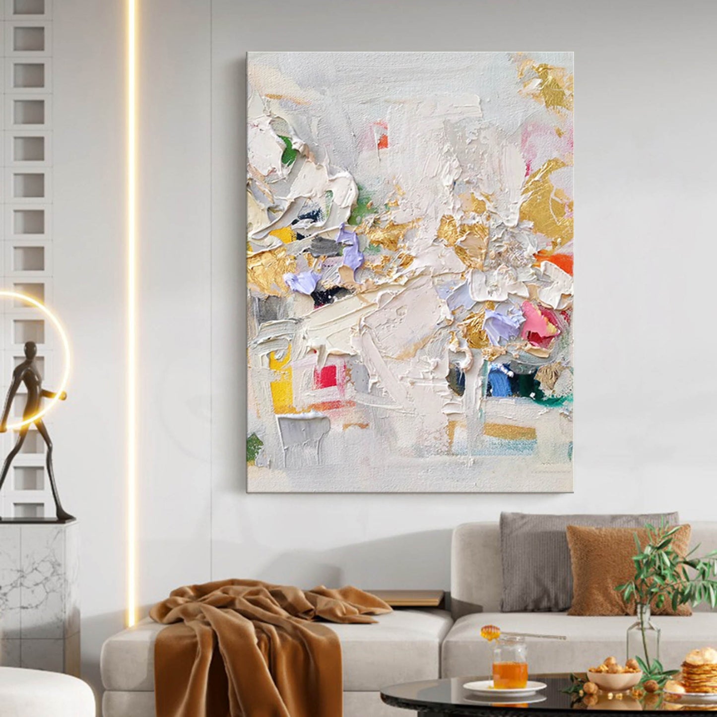 Vibrant Abstract Oil Painting with Gold Accents for Modern Decor