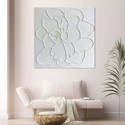 Elegant White Flower Oil Painting with Textured Plaster Finish for Home Decor