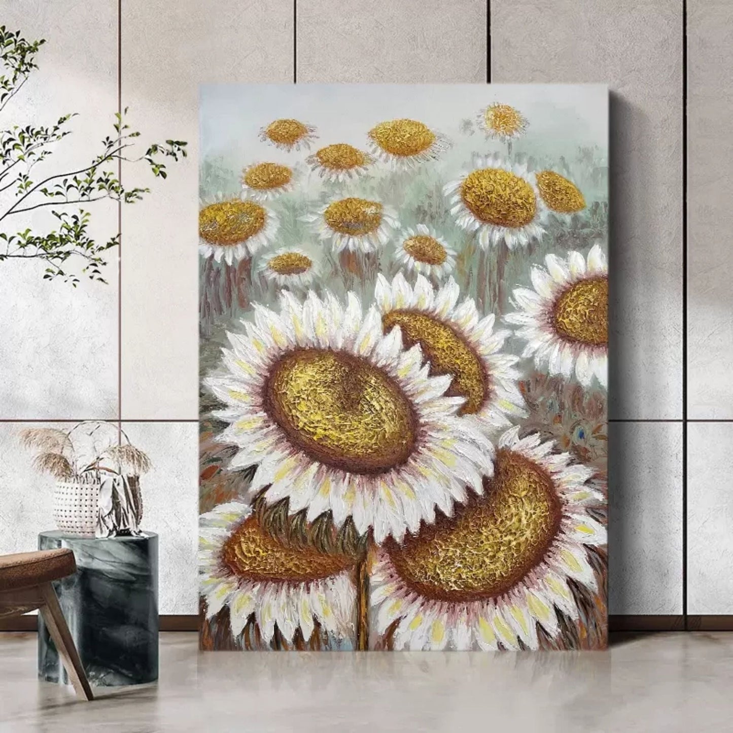 Vibrant Sunflower Oil Painting with Textured Golden Accents for Wall Art Decor